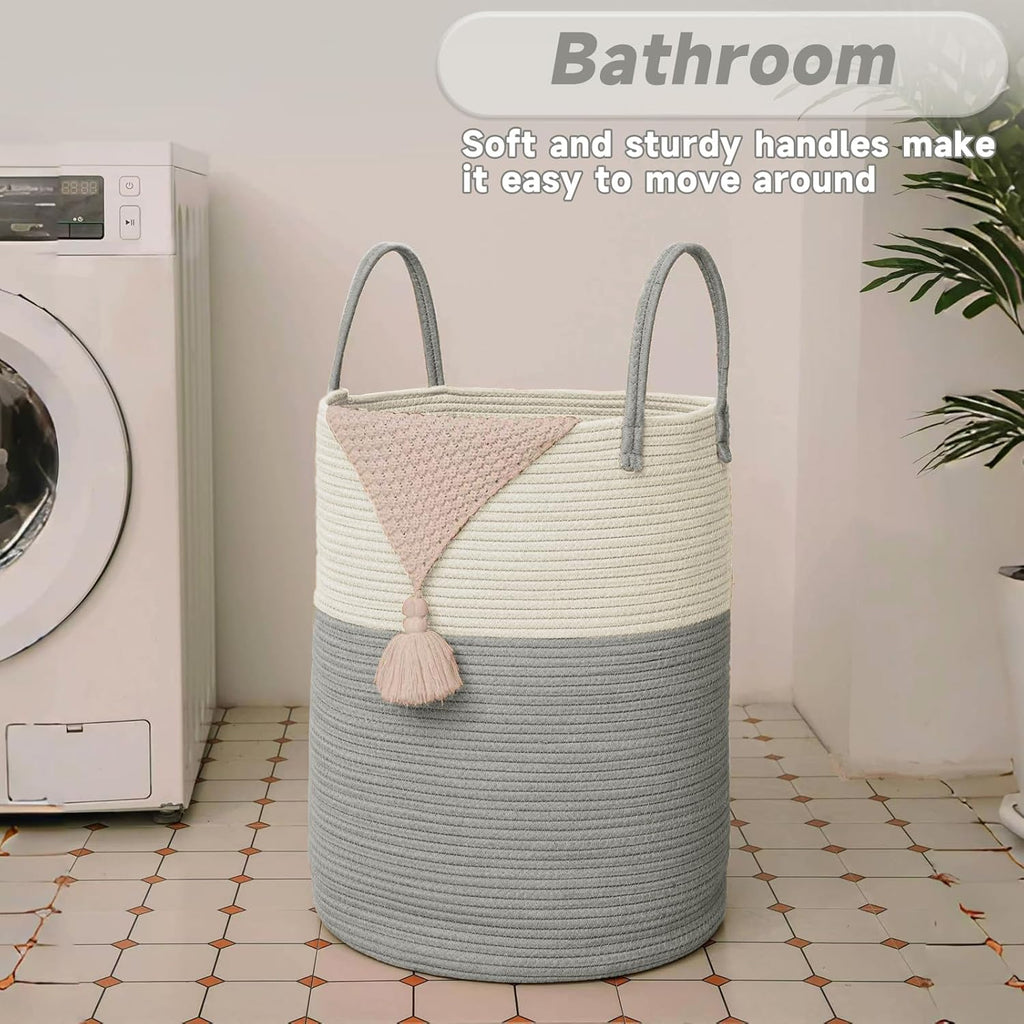 Large Woven Laundry Basket Hamper,100L Cotton Rope Storage Bin for Blankets,Toys and Clothes,Decorative Tall Nursery Hamper for Living Room,Baby Nursery,Bathroom and Bedroom,White and Grey
