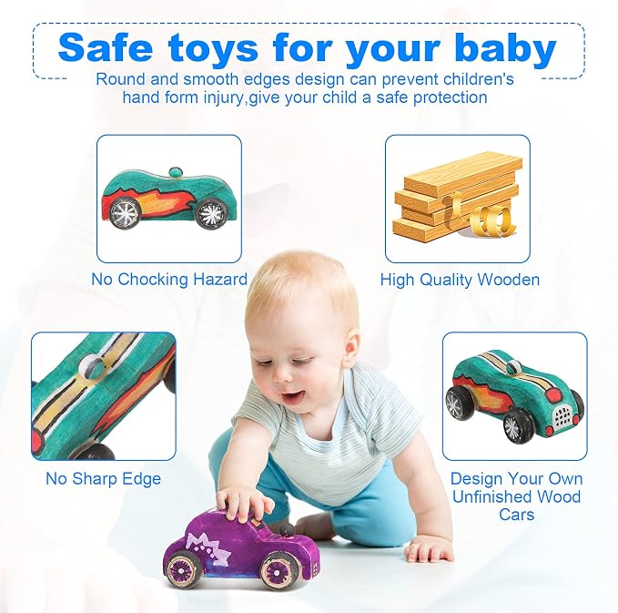 Sumind 12 Pieces Wood DIY Car Toys Unfinished Wooden Cars Paintable Race Cars - Image 4