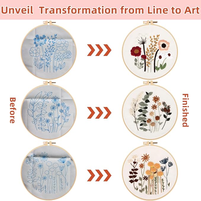 Herdiese Embroidery Kit for Beginners & Adults, 3 Floral Patterns & Hoop | - Image 3