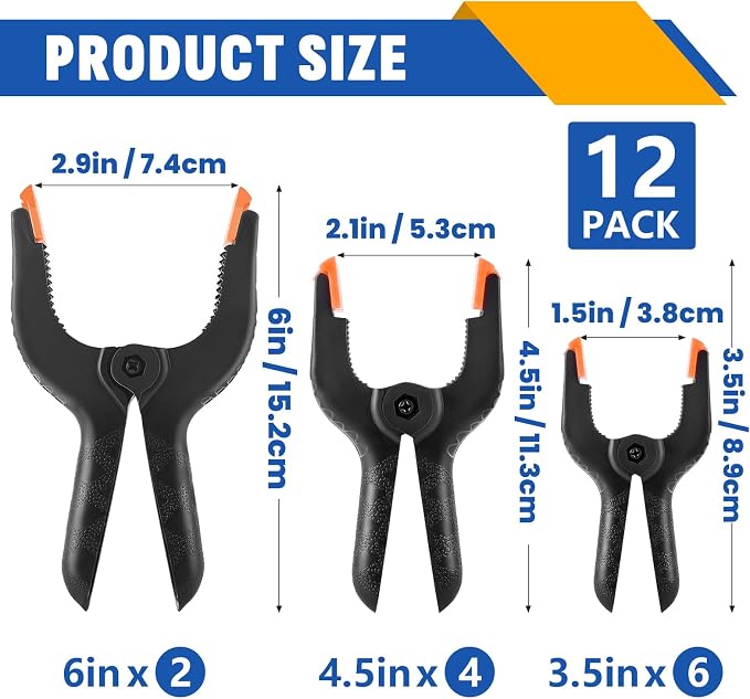 12 Pack Plastic Spring Clamps Set, 3 Sizes of Spring Clips 3.5 Inch, 4.5 Inch - Image 2