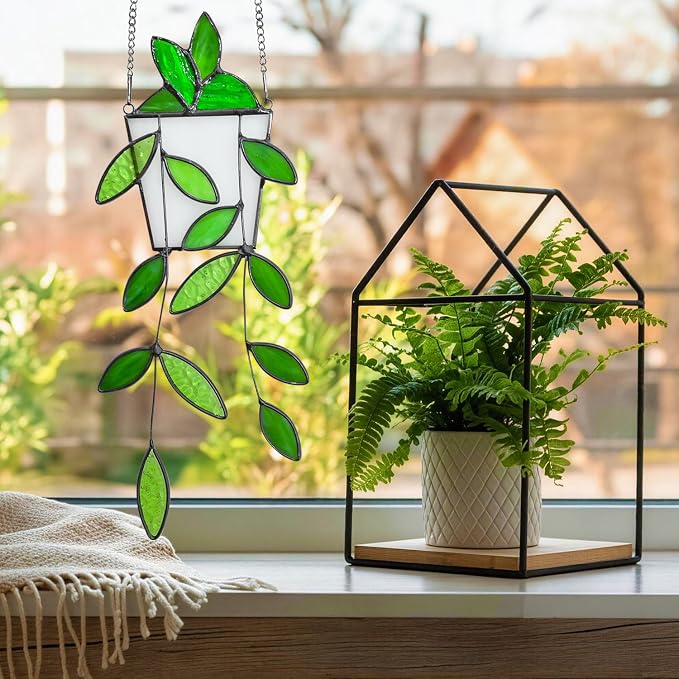 Fake Hanging Plants Greenery Stained Glass Plant Window Hanging Handmade Green - Image 7