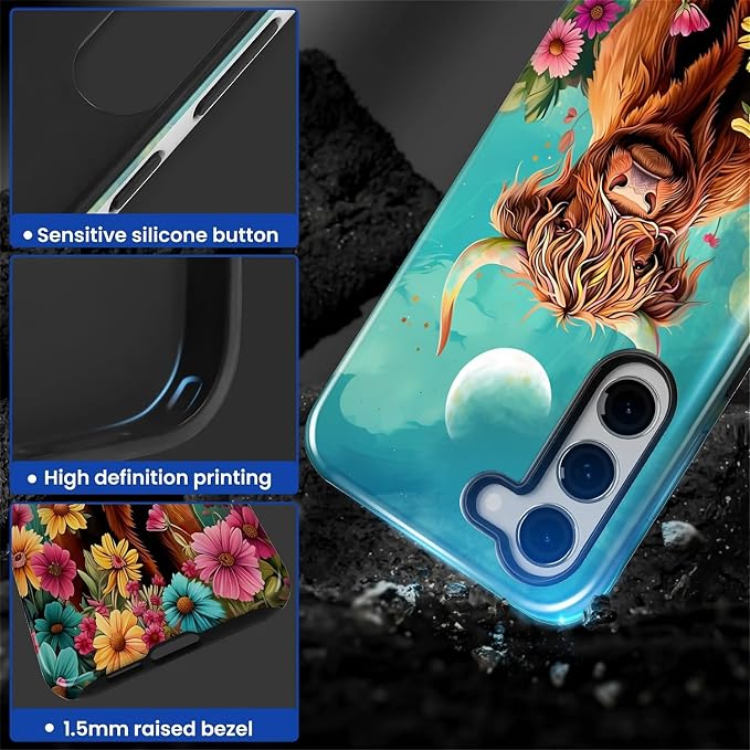 for Samsung Galaxy S23 Case, Highland Cow Flower Pattern Glossy 2 in 1 - Image 4