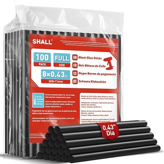 SHALL Full Size Hot Glue Sticks, 0.43” Dia x 8” Long, 100 Pack Black Glue Gun by SHALL