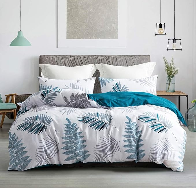 Duvet Cover Set, 600 Thread Count Cotton White Leaf Floral Pattern Print - Image 3