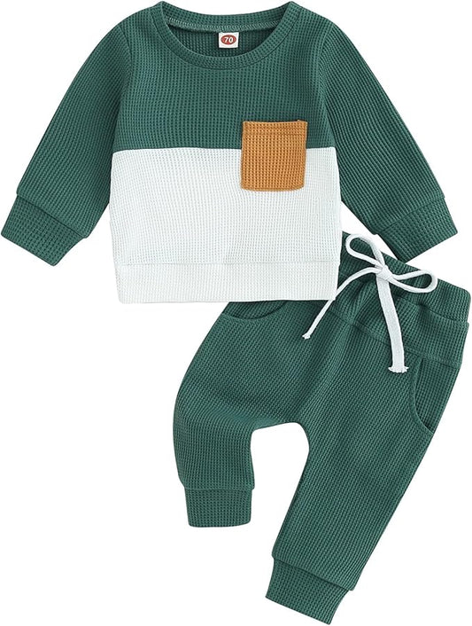 Toddler Baby Boy Fall Clothes Waffle Contrast Color Sweatshirt Pants Sets Infant Winter Outfits 6 12 18 24 Months