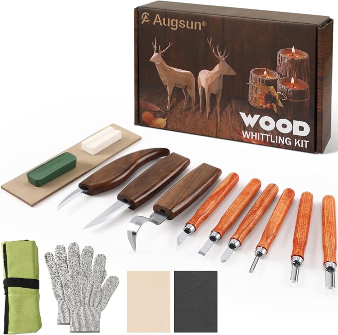 AUGSUN Wood Carving Kit, 17 Pack Wood Whittling Kit Hand Carving Knife Tools Set by AUGSUN