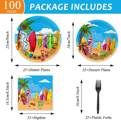 100 Pcs Summer Beach Surfing Party Paper Plates Napkins Supplies - Image 2
