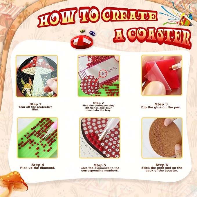 EWJRNSF 8 PCS Mushroom 5D Diamond Painting Coasters DIY Kit - Image 3