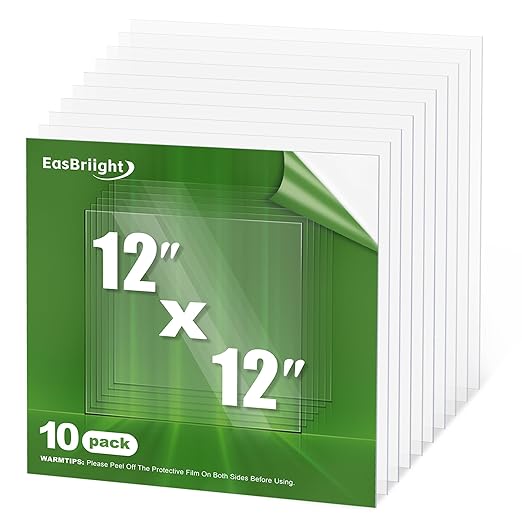 10-Pack of 12×12"×0.02" PET/Plexiglass Sheets, Transparent Flexible Plastic by EasBriight