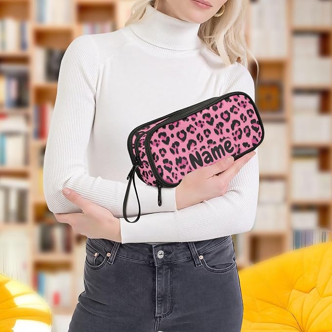 Custom Hot Pink Black Leopard Print Pencil Case Box Boys Girls Personalized - Image 8
