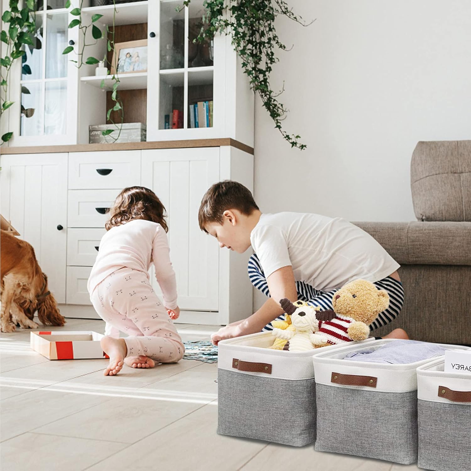 HNZIGE Fabric Storage Baskets for Shelves(3 Pack) Large Collapsible Storage Baskets for Organizing, Decorative Baskets Bins Set with Handles for Closet, Clothes, Toy(White&Gray,15" x 11" x 9.5")