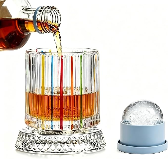 Rotating Whiskey Glass with Large Ice Ball Mold, Single Spinning Crystal by UNOD