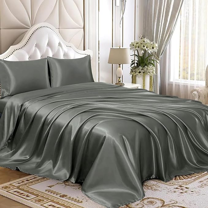Homiest Dark Grey Satin Flat Sheet King Size, Luxury & Ultra Soft Bedding - Image 4