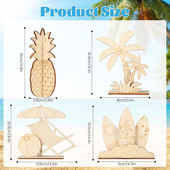DIY 3D Summer Wood Crafts to Paint, 4 Styles DIY Blank Unfinished Wooden Slices - Image 2