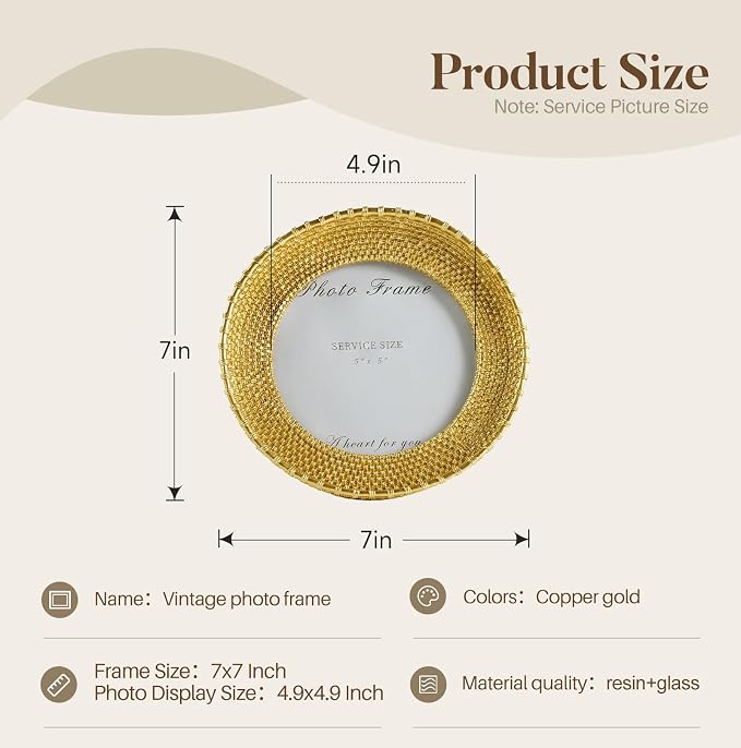Cuspin 5x5 Round Picture Frame Gold, Vintage Woven Rattan Textured Circle Photo - Image 5
