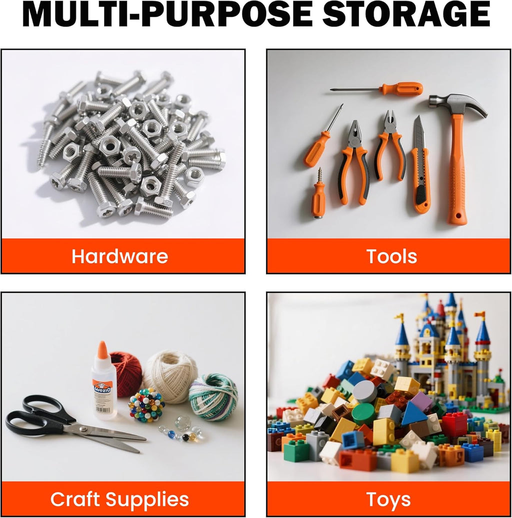 Ultrawall Wall Mounted Storage Bins, Plastic Hanging Storage Organizer Bins, Garage Tool Storage System for Screws, Nuts, Bolts, Nails, and Small Hardware Parts, 16x bins & 4 x rails, Orange