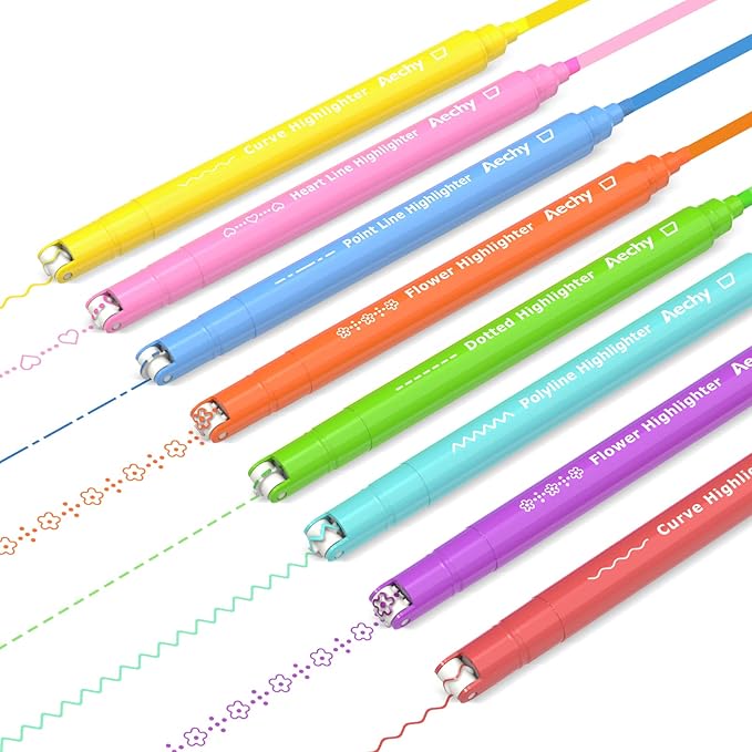 AECHY 8PCS Curve Highlighter Pen Set, Dual Tip Marker Pens by AECHY