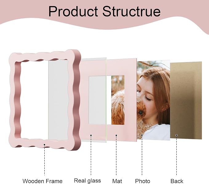 6x6 Picture Frame with Mat for 4x4, Wavy Edge Wooden Real Glass Photo Frame for - Image 5