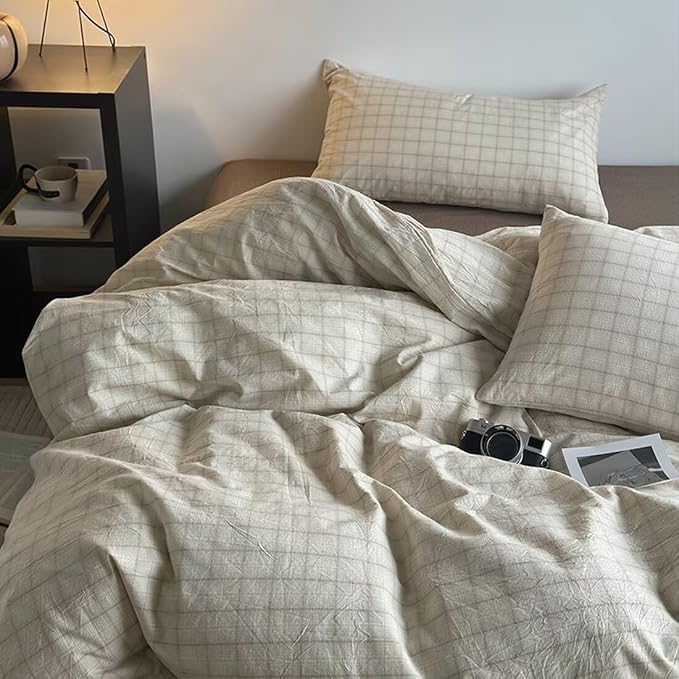 PinkMemory Beige Gingham Duvet Cover Bedding Queen 100% Washed Cotton Vintage - Image 2