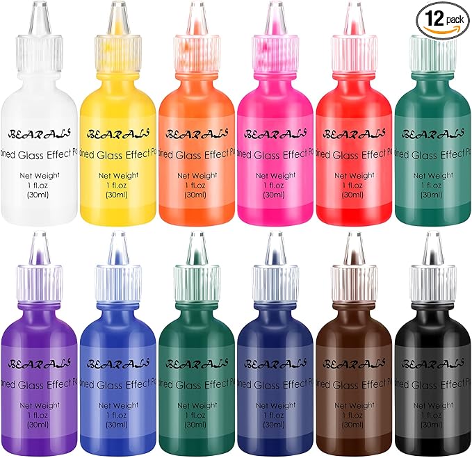 Bearals Stained Glass Paint, 12 Colors Glass Paint Set, Non-Toxic Window Glass by BBEARALS