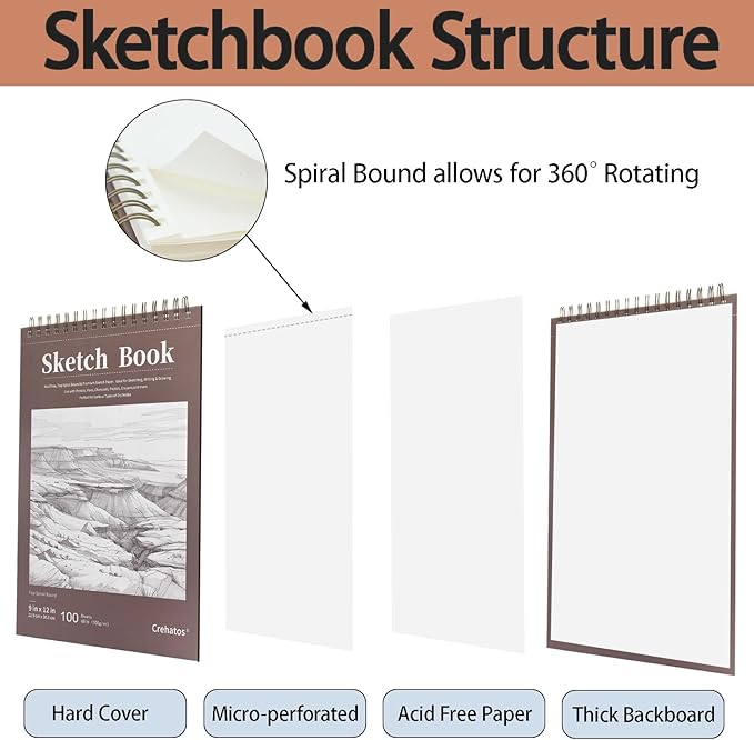 Crehatos 9" x 12" Sketch Book, Top Spiral Bound Sketch Pad, 100 Sheets - Image 3