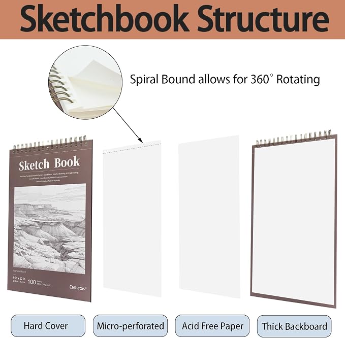 Crehatos 9" x 12" Sketch Book 100 Sheets Each, 2 Pack | Top Spiral Bound Sketch - Image 3