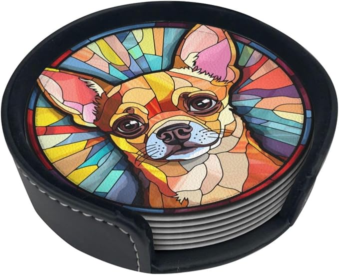 Drink Coaster Set of 6, Chihuahua Dog Mom Lover Gift, Leather Drink Coasters by petloverdoglovercommunity