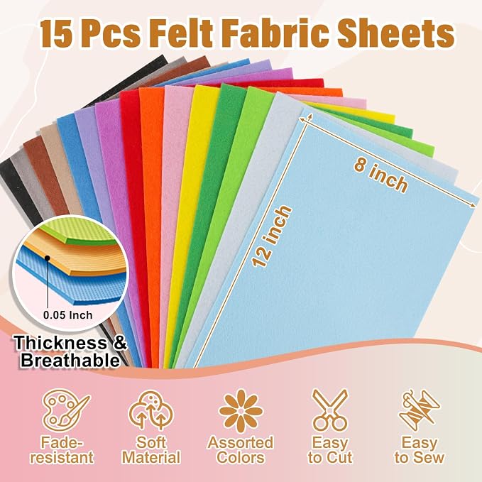 XSEINO 15PCS 8" x 12" 1.4 mm Thick Soft Felt Sheets, 15 Assorted Multicolour - Image 2