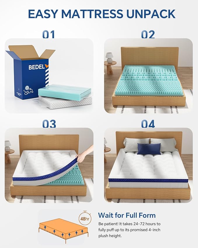 BEDELITE Twin Mattress Topper Dual Layer 4 Inch Memory Foam Mattress Topper - Image 6