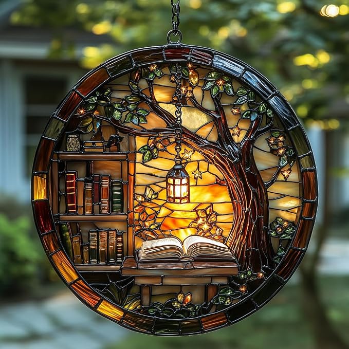 Forest Library Bookshelves Acrylic Suncatcher Stained Glass Effect Window Car by AVAGAN