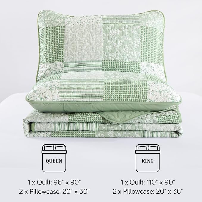 Mybedsoul Light Green Quilt Set Queen Size, 3 Pieces Plaid Floral Bedspread Set - Image 7