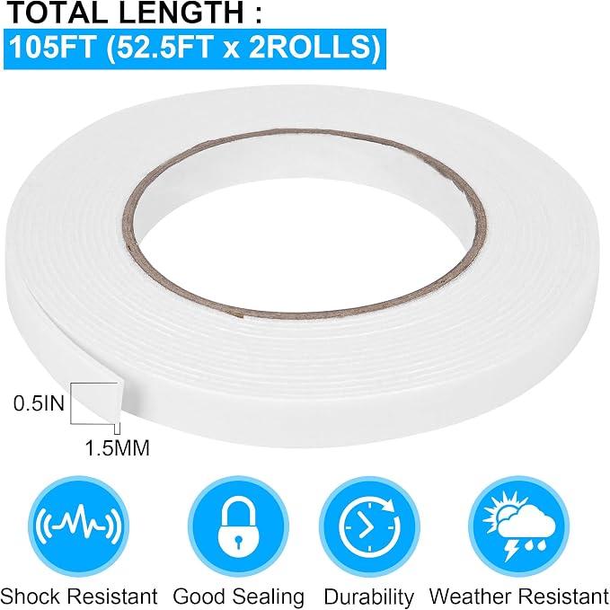 Double Sided Foam Tape 0.5In x 52.5FT 2 Pack, Mounting Tape Heavy Duty - Image 2