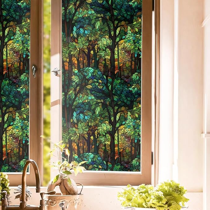 Green Brown Forest Tree Leaf Plant Vintage Stained Glass Window Films by Unknown