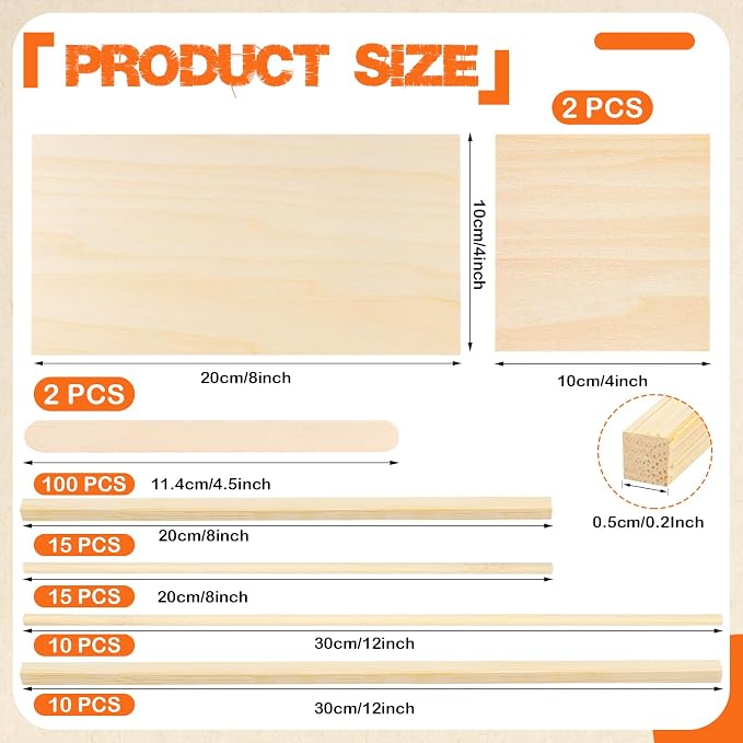 Natural Wood Craft Wood Square Dowel Rods Basswood Sheets Smooth Popsicle Art - Image 2