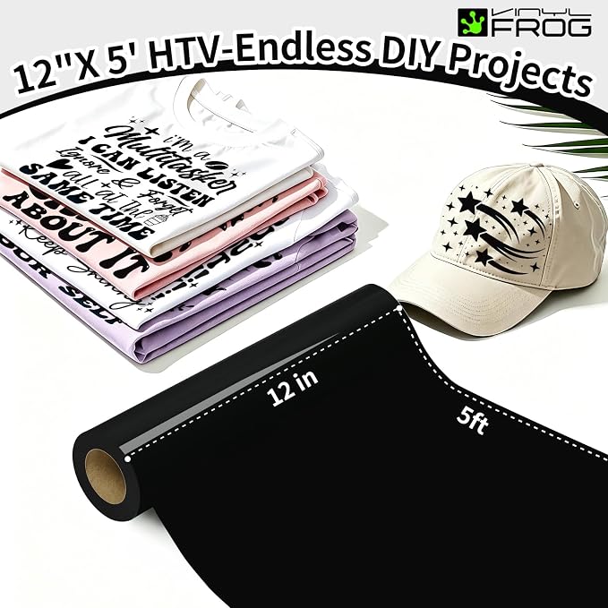 VINYL FROG Black Heat Transfer Vinyl Roll 12" x5ft Matte HTV Vinyl | Black Iron - Image 2