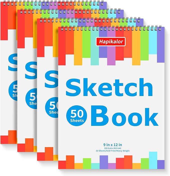 4 Pack 9x12 Sketch Book Spiral Bound, 50 Sheets Each 100gsm/68lb Acid-Free by Hapikalor