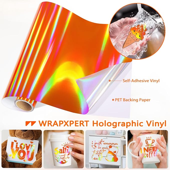 WRAPXPERT Holographic Vinyl Roll Orange, Holographic Permanent Vinyl Orange - Image 4