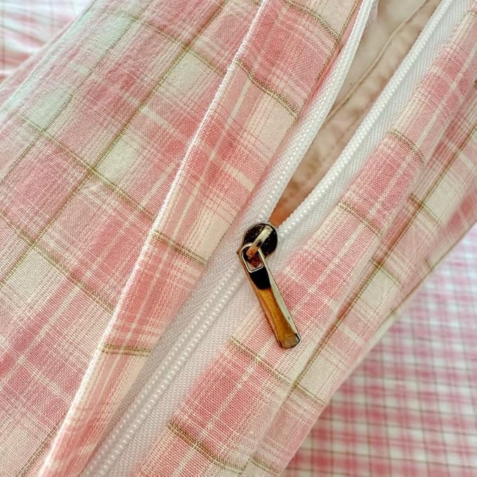 PinkMemory Pink Plaid Duvet Cover Set King 100% Washed Cotton Cute Pink Checked - Image 7