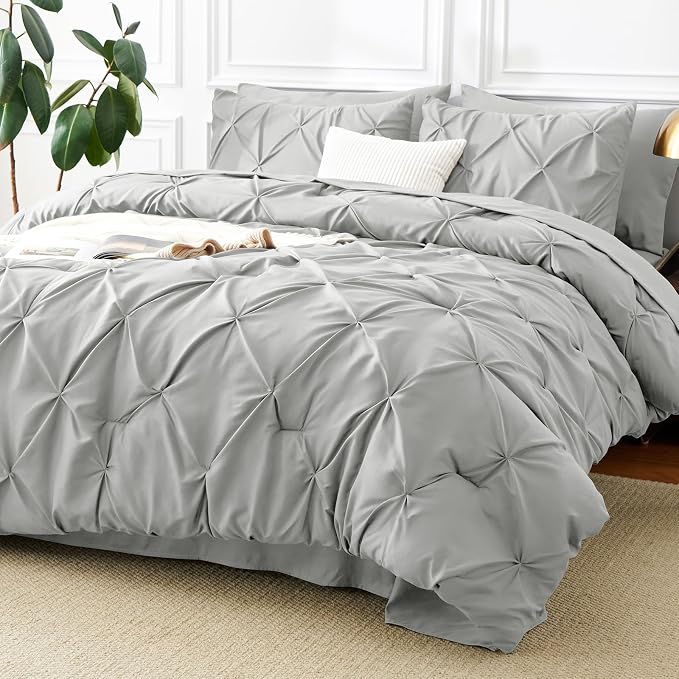 CozyLux King Size Comforter Set Light Grey, 7 Pieces Pintuck Bed in A Bag Gray by CozyLux