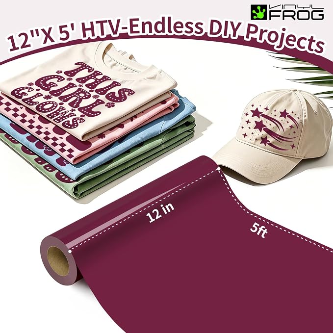 VINYL FROG Burgundy Heat Transfer Vinyl Roll 12" x5ft Matte HTV Vinyl | Maroon - Image 2