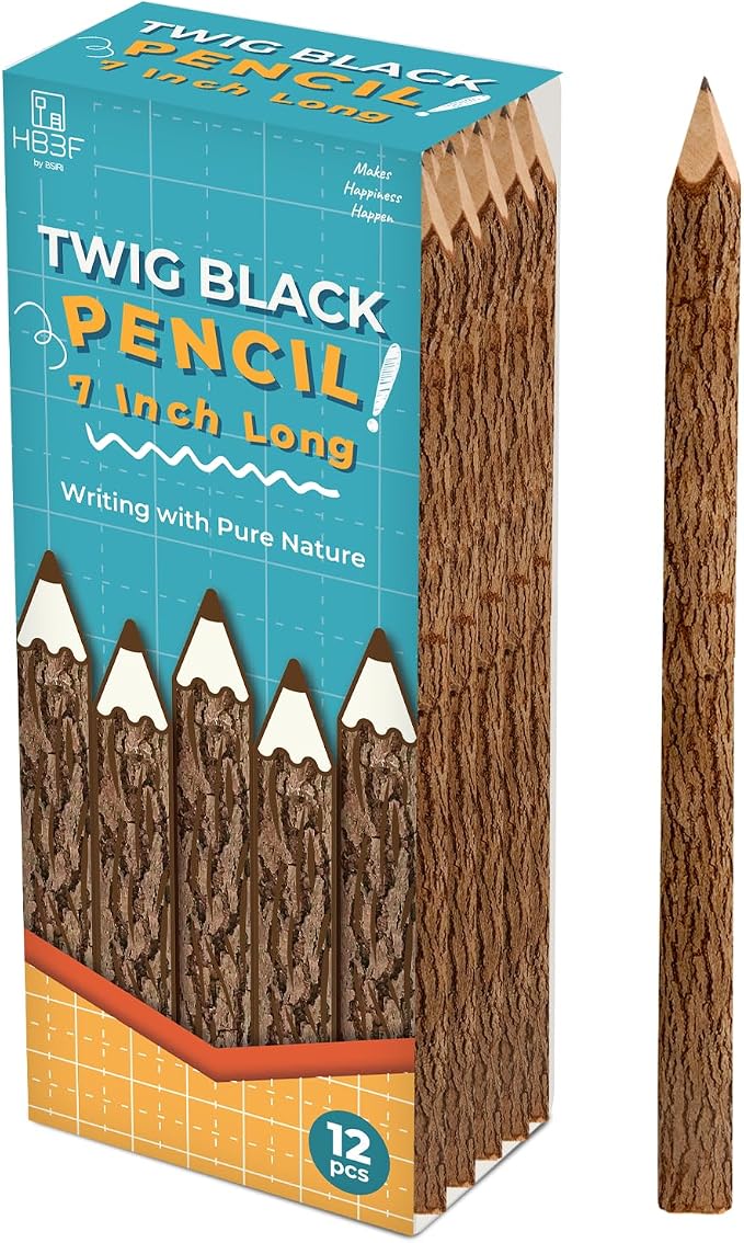 BSIRI Black Pencils Wood Pack of 12 in 7 Inch Tree Bark Wooden Favors in Rustic by HB3FbyBSIRI