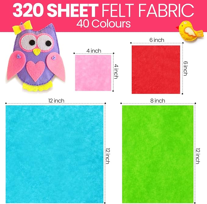 Newwiee 320 Pcs Felt Sheets Craft Kit 4"x 4" + 6"x 6"+ 8"x 12"+ 12"x 12" Sizes - Image 2