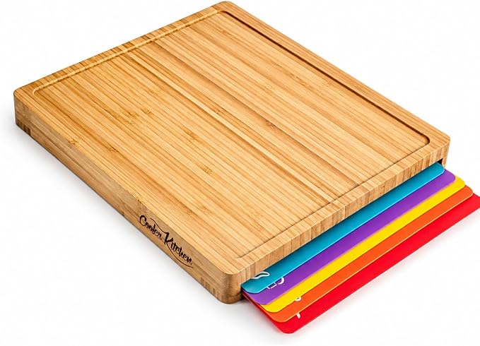 Bamboo Cutting Board Set with 6 Color Coded Flexible Mats Food Icons, BPA-Free by CoolerKitchen