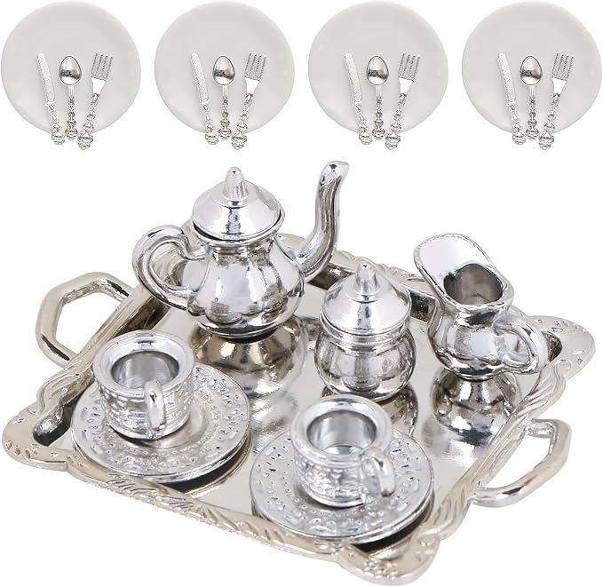 24 Pieces 1:12 Miniature Tea Set Metal Mini Teapot Tiny Tea Cup Mini Doll by HOMICO