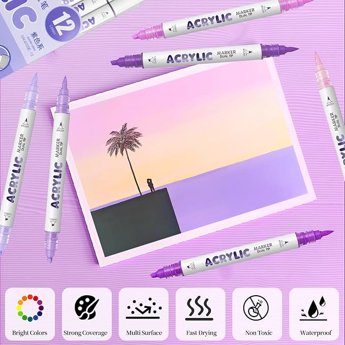 Purple Acrylic Paint Pens, Water Based 12 Colors Dual Tip Acrylic Paint Markers - Image 4