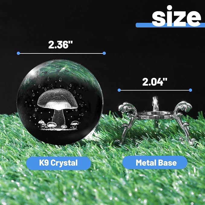 3D Mushroom Crystal Ball with Stand Lase Engraved Glass Sphere Paperweight - Image 2