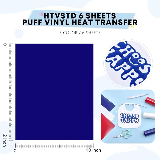 HTVSTD Red Blue White Puff HTV Heat Transfer Vinyl 6pcs 12×10in | Vivid Color - Image 2