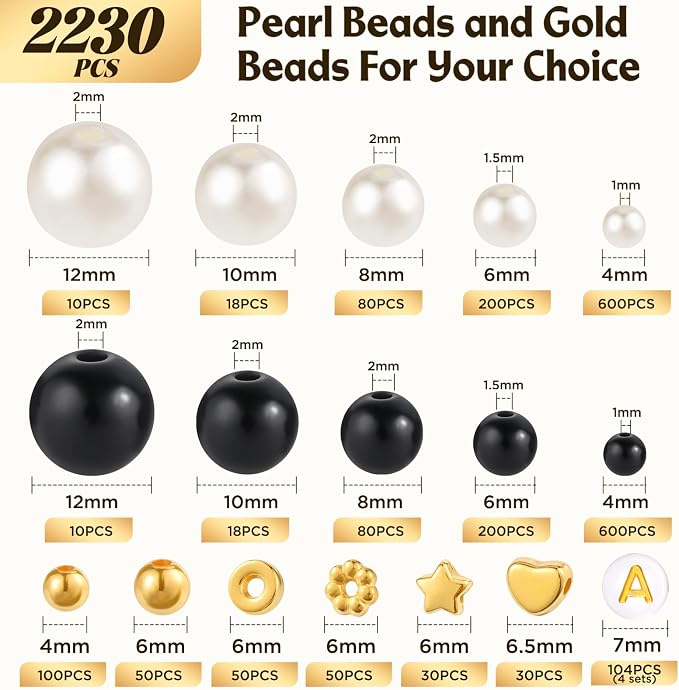 2230pcs Black and White Pearl Beads, 5 Sizes Round Pearls Beads - Image 5