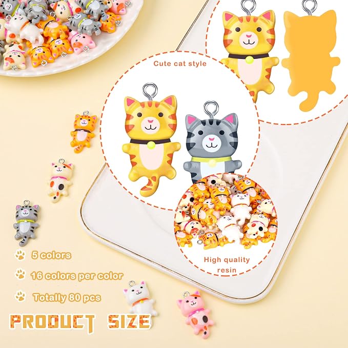 Funtery 80 Pieces Cat Charms for Jewelry Making Resin Cat Pendant Charms Mixed - Image 2