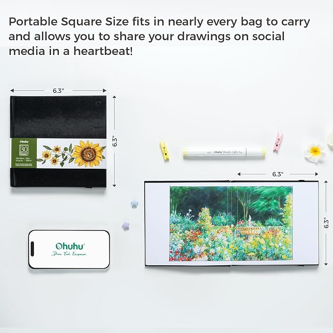 Ohuhu Marker Pads Art Sketchbook, 6.3"x6.3" Mini Square Size, 120 LB/200 GSM - Image 8